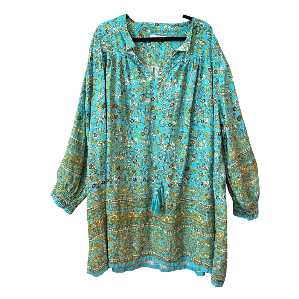 Natural Life Oversized Tunic Women Blue Floral Tassel Tie Boho M